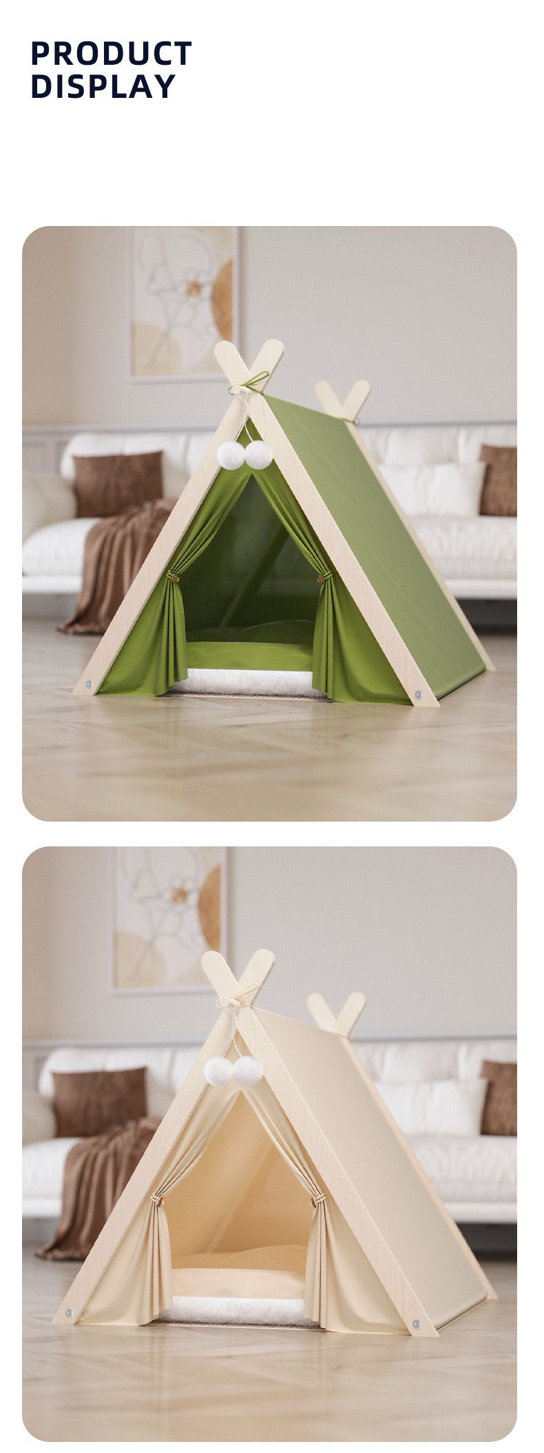 Solid Wood Indoor Tent with Thick and Flax Mat, Portable & Cozy Teepee Tent, Cute Teepee Cave Tent
