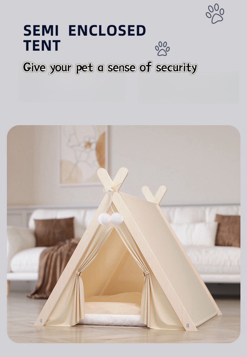 Solid Wood Indoor Tent with Thick and Flax Mat, Portable & Cozy Teepee Tent, Cute Teepee Cave Tent