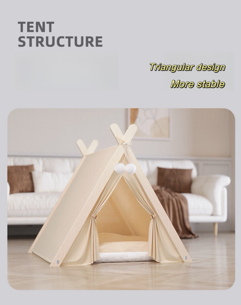 Solid Wood Indoor Tent with Thick and Flax Mat, Portable & Cozy Teepee Tent, Cute Teepee Cave Tent